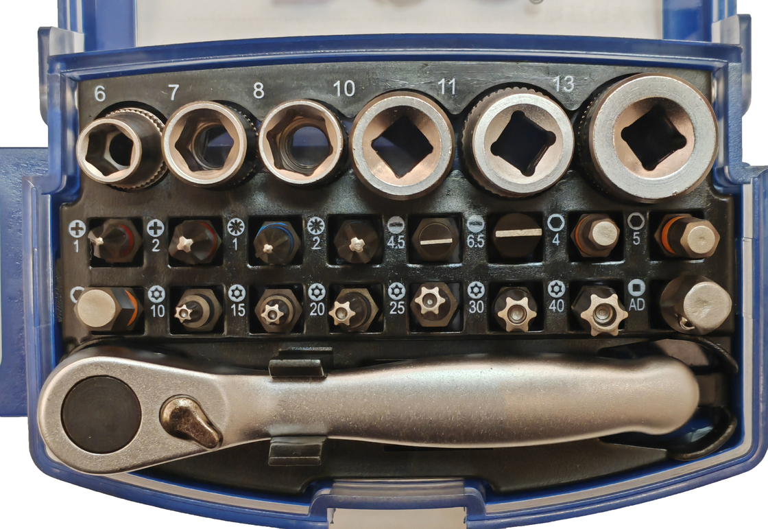 Set di chiavi a bussola e inserti attacco 1/4&quot; 25 pezzi acciaio S2/CR-V con clip da cintura girevole Mini chiave a cricchetto in una robusta scatola di plastica